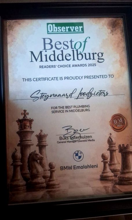 Observer Best of Middelburg Readers' Choice Awards 2025 certificate presented to Steynvaard Loodgieters for Best Plumbing Service in Middelburg.